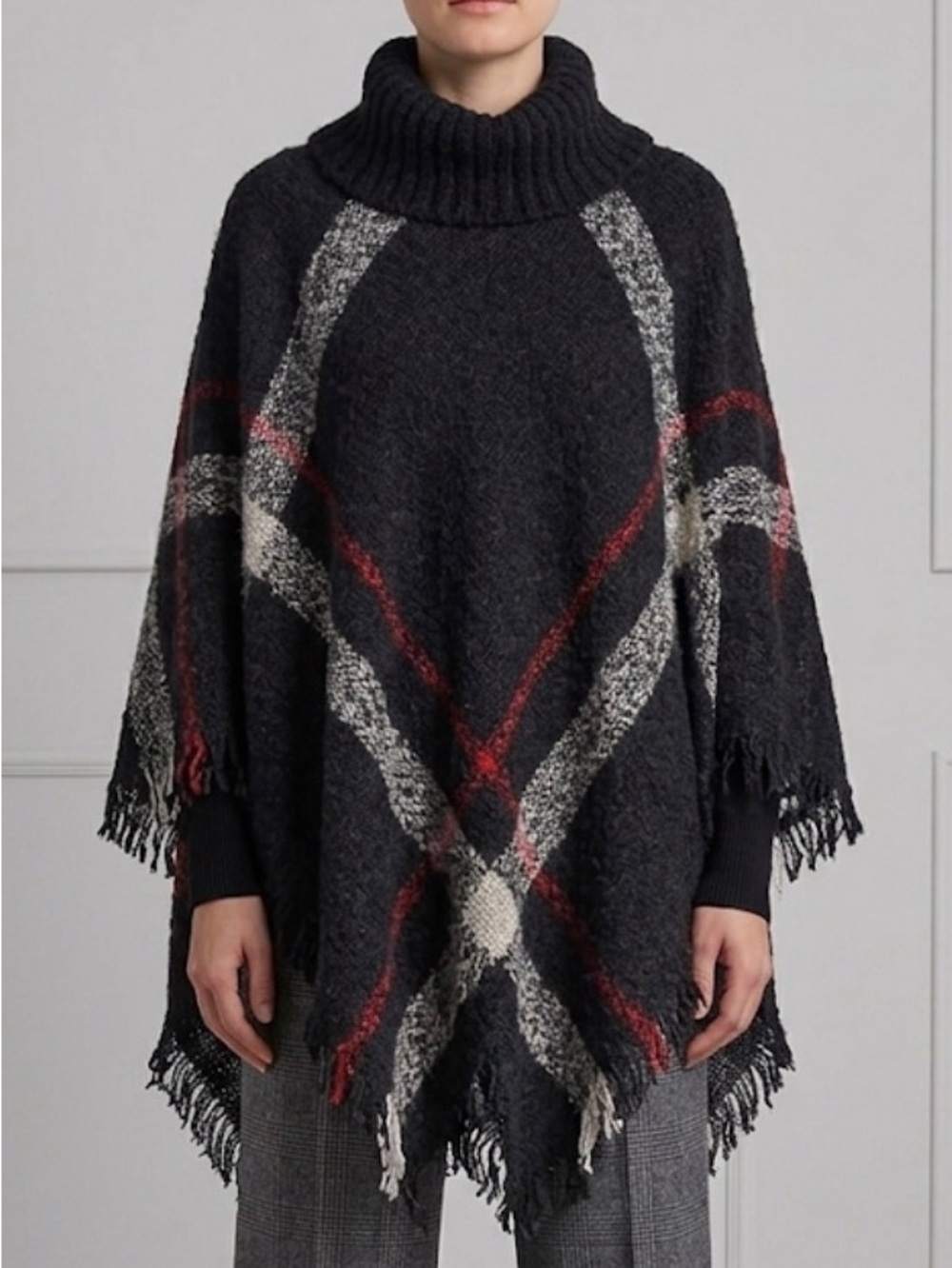 Elegant Black, Red, and White Plaid Turtleneck Poncho